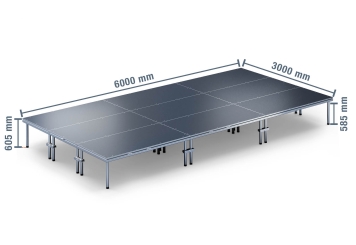 6 m x 3 m Mobilní pódium EBM850/2, 605 mm vysoký, 9 moduly, 850 kg max. zatížení 